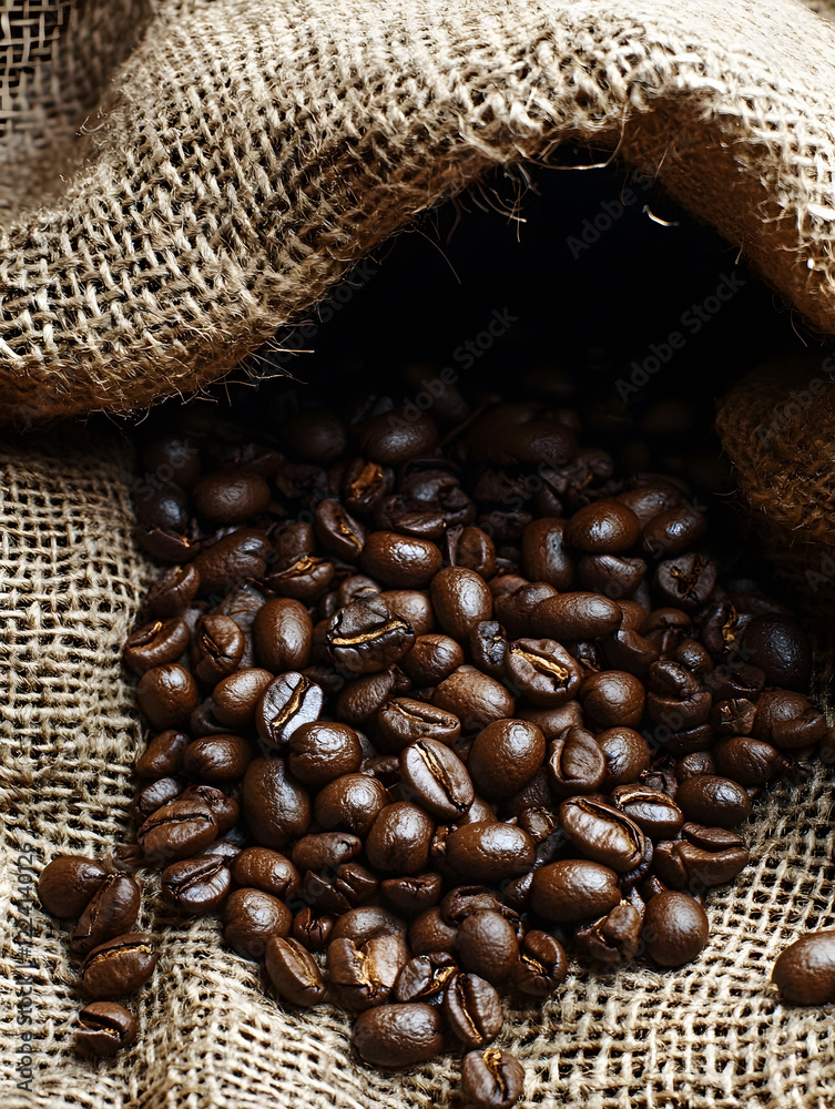 Poster rustic burlap sack overflowing with fresh roasted coffee beans : generative ai