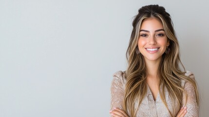 Fototapeta premium Smiling young woman with long hair standing with arms crossed against a grey studio background.