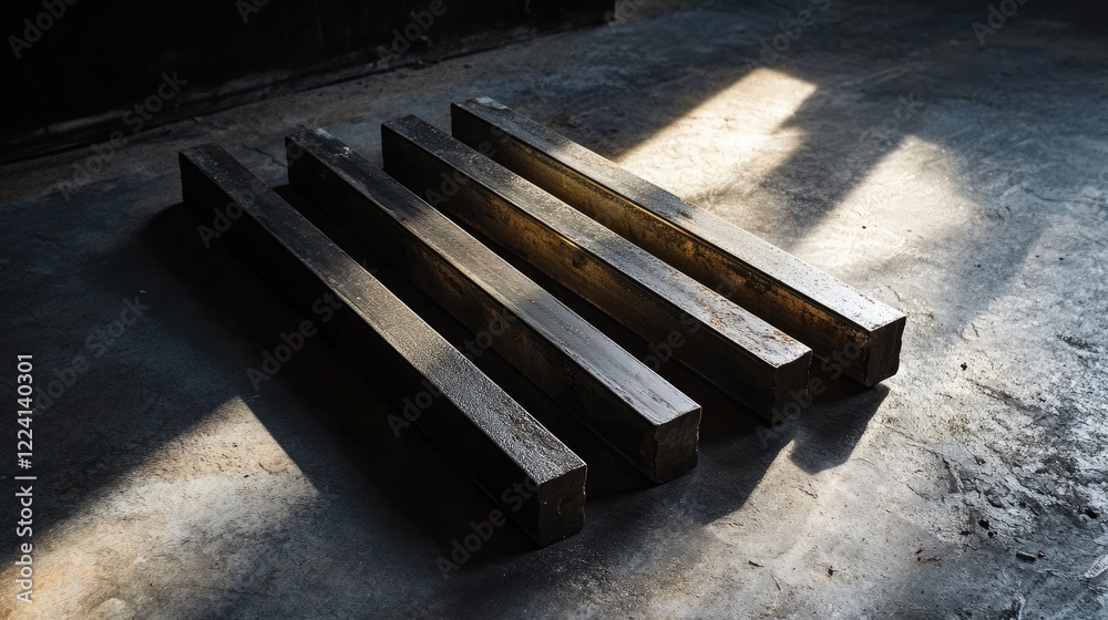 Poster a group of metallic bars placed on a concrete floor, illuminated by soft evening light, casting shad