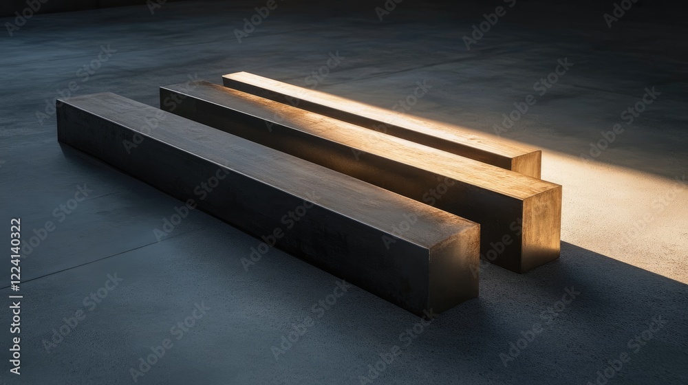 Poster A group of metallic bars placed on a concrete floor, illuminated by soft evening light, casting shadows and emphasizing the sleek yet rugged texture of the metal
