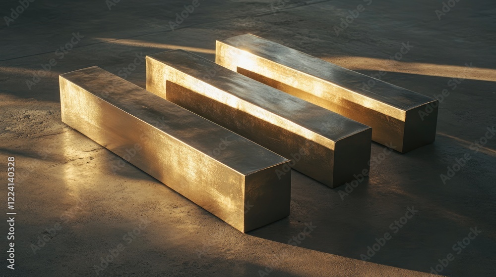 Poster A group of metallic bars placed on a concrete floor, illuminated by soft evening light, casting shadows and emphasizing the sleek yet rugged texture of the metal