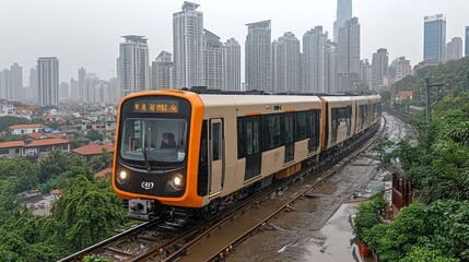 Naklejka premium Modern Tram Ascending Urban Skyline in Rainy Day