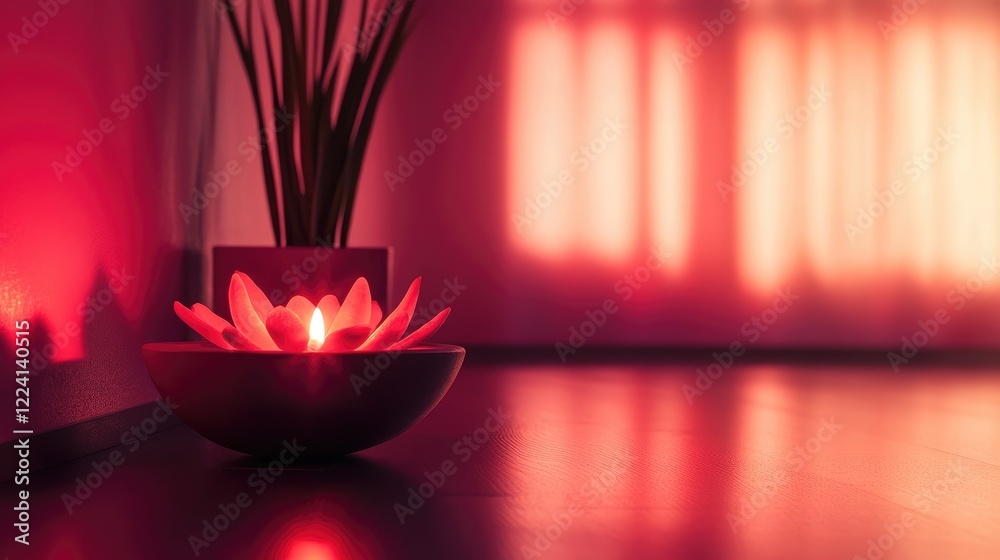 Poster A hidden light source emits a soft red glow in a serene dark room, creating a peaceful and soothing atmosphere perfect for relaxation