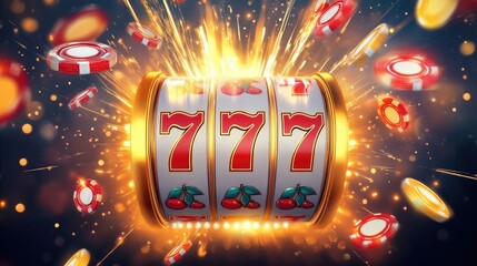 A jubilant big win on a slot machine with the 777 jackpot symbol, accompanied by flashing casino lights, creating a vibrant and exciting celebration atmosphere