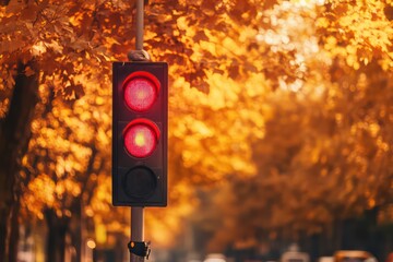 A red light signal surrounded by a canopy of orange and yellow foliage on a sunny autumn day.