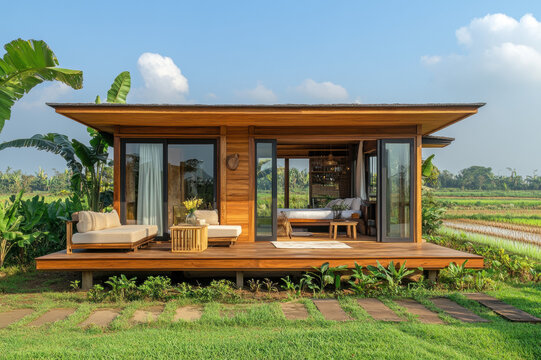 A traditional wooden house in the countryside with a train passing by on the railway, surrounded by trees and a summer garden, showcasing a charming village landscape with a cozy cabin and natural bea