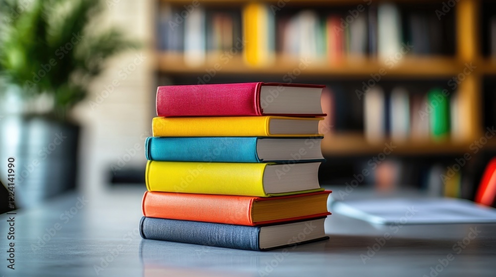 Poster A modern office workspace with colorful books neatly stacked on a clean desk, surrounded by minimal decor, emphasizing creativity and contemporary design