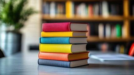 A modern office workspace with colorful books neatly stacked on a clean desk, surrounded by minimal decor, emphasizing creativity and contemporary design