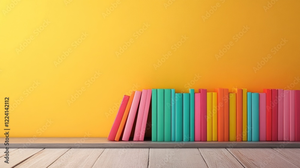 Poster a modern office workspace with colorful books neatly stacked on a clean desk, surrounded by minimal 