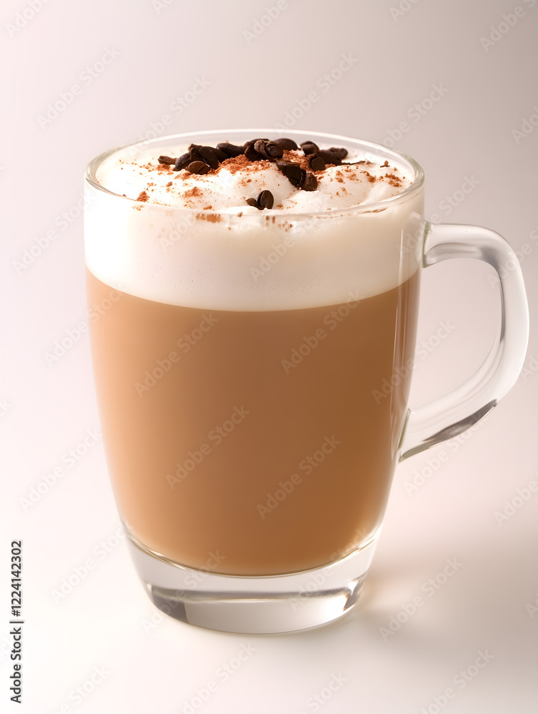 Poster warm latte in transparent glass mug with whipped cream and cocoa sprinkles for relaxing coffee break