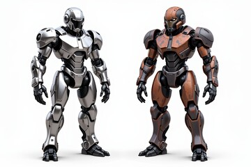 Obraz premium Futuristic Robots Silver and Bronze Mechs Posing Against White Background Sci Fi AI Androids