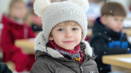 Happy child in winter hat at school, snowing outside
