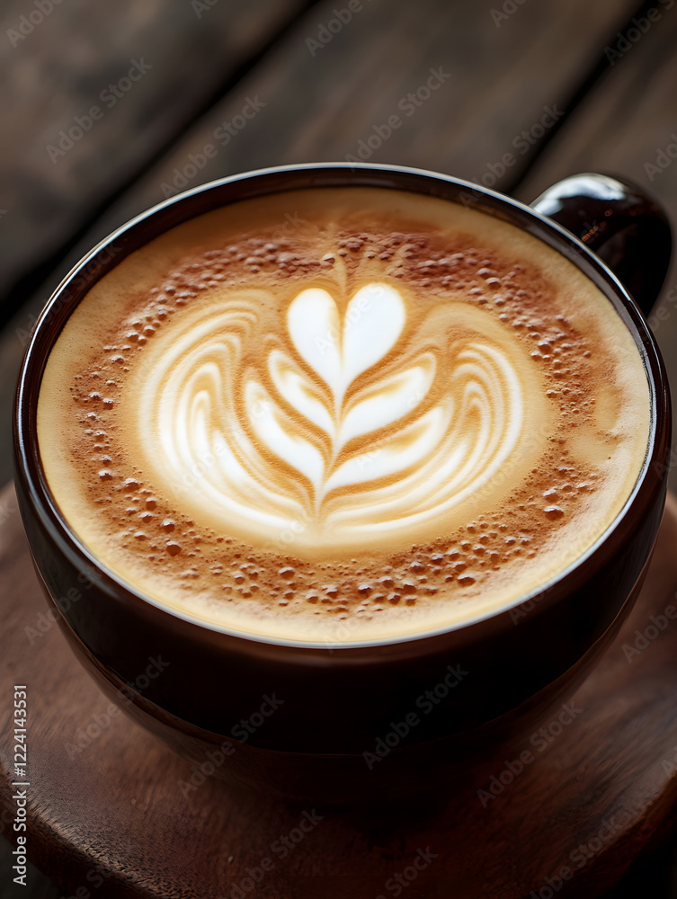 Poster artistic latte art cappuccino with heart design on wooden surface : generative ai