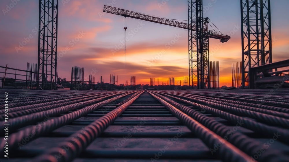 Poster a perspective view of metal bars extending toward a crane, with a dusky sky in the background, creat