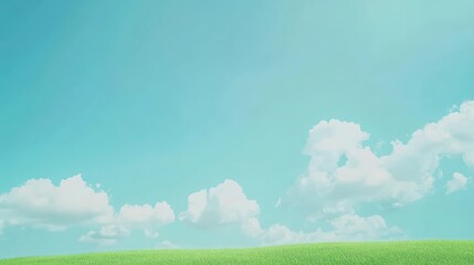 Serene Blue Sky with White Clouds, Lush Green Grass Field and Copy Space in Minimalistic 2.5D Effect