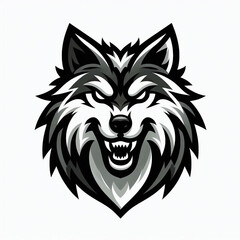 Fototapeta premium The wolf logo is bold in style with a 3D effect, highlighting sharp teeth and a fierce expression, using a bold black outline and gray gradient, with a white background that emphasizes its elegance.