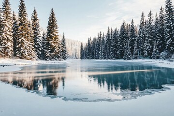 Serene winter landscape featuring a frozen lake surrounded by snow-covered pine trees and mountains