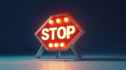 A dynamic 3D-rendered triangular warning sign with bold text "STOP" in a cartoon style and glowing hazard icons, on white