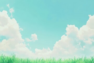 Serene Blue Sky with White Clouds, Lush Green Grass Field and Copy Space in Minimalistic 2.5D Effect