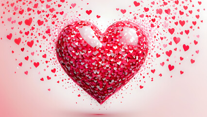 Heart shaped object made of red, pink and white confetti. Abstract white background.