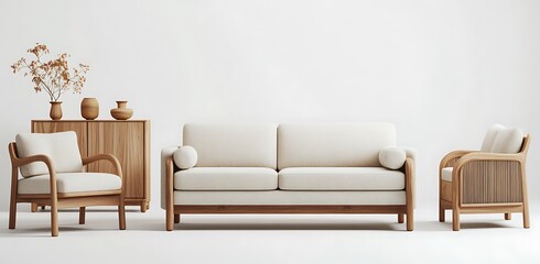 A 3D mockup of a Scandinavian-inspired living room with a beige sofa, a wooden armchair, and a minimalist cabinet