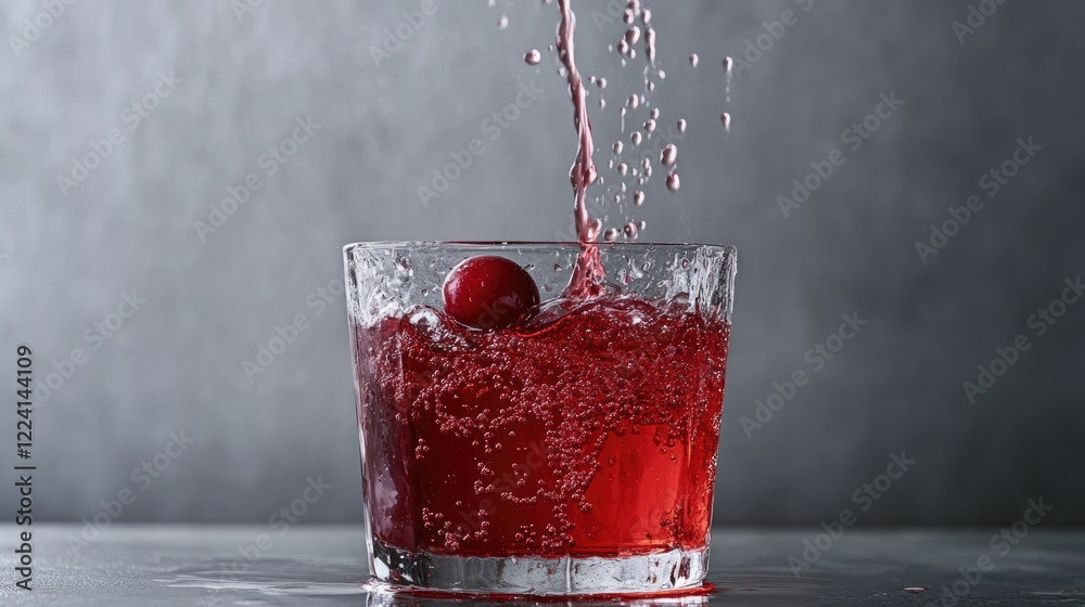 Poster A rich cranberry syrup cascading into a glass, captured in motion on a simple, minimalist backdrop, highlighting the texture and deep red color