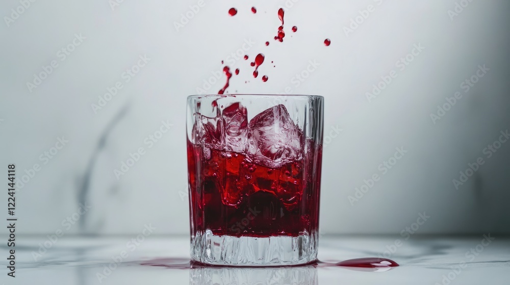 Poster A rich cranberry syrup cascading into a glass, captured in motion on a simple, minimalist backdrop, highlighting the texture and deep red color