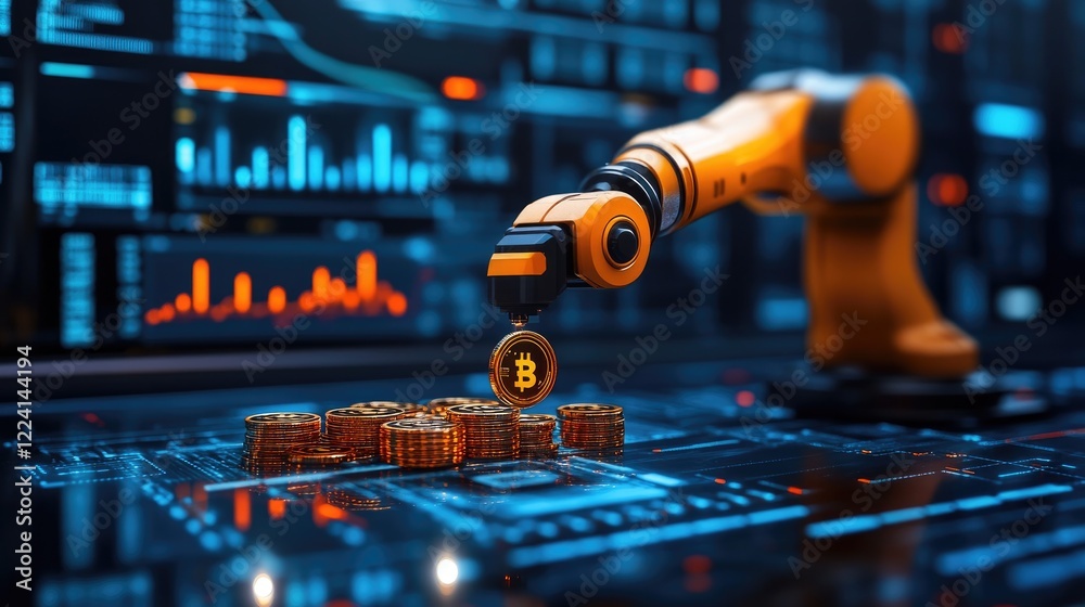 Aufkleber A robotic arm assembling coins on a high-tech platform, with digital data and financial graphs in the background, representing the future of automated finance