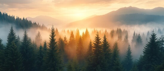 Fototapeta premium Sunrise Foggy Mountain Forest