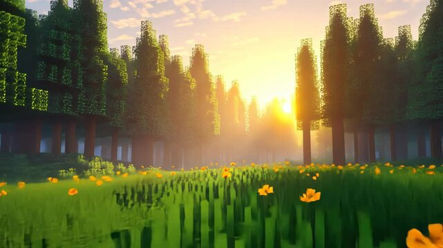 Pixelated Sunset in a Misty Forest