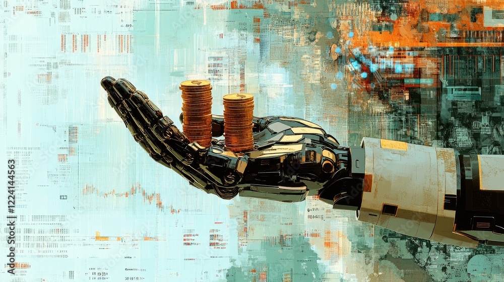 Poster A robotic hand holding a stack of coins with a dynamic background filled with financial data and graphs, representing automation in the world of finance