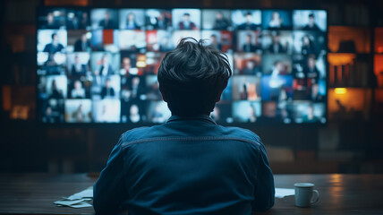 a person sits at a desk watching a large screen displaying numerous video conference calls. The scene is dimly lit, creating a sense of focus and intensity