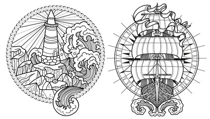 Design vector set with line art emblems of light house in storm and antique sailboat with compass. Vintage transportation and old adventures concept isolated on white.