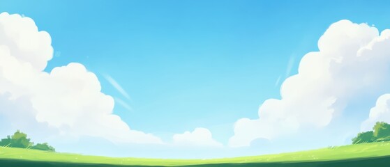 Fototapeta premium Serene Blue Sky with White Clouds, Lush Green Grass Field and Copy Space in Minimalistic