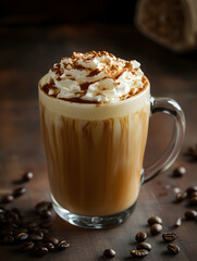 Rich and Creamy Latte with Whipped Cream and Cinnamon in a Glass Mug with Coffee Beans Decoration : Generative AI