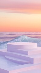 A podium at the center of a quiet beach, with soft waves lapping at the shore and a pastel-colored sunset