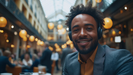 Obraz premium Smiling man in headphones, urban background