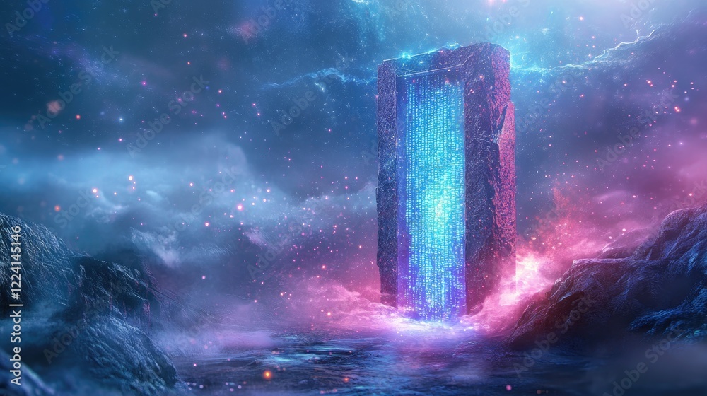 Poster A sci-fi digital environment with floating code and a glowing portal leading into a futuristic digital dimension, symbolizing advanced technology and virtual worlds