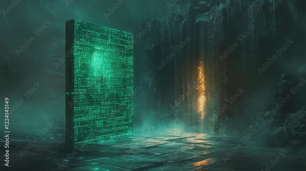 Poster A sci-fi digital environment with floating code and a glowing portal leading into a futuristic digital dimension, symbolizing advanced technology and virtual worlds