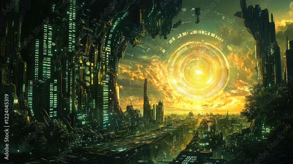 Poster a sci-fi world with floating binary code and a radiant entrance to a digital dimension, offering a g