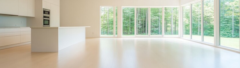 Fototapeta premium Modern kitchen with large window and sink, a contemporary design for home cooking entertainment