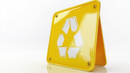 A sleek 3D warning sign with glossy yellow finish and bold cartoon-style hazard symbols, isolated on a clean white background