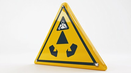 A sleek 3D warning sign with glossy yellow finish and bold cartoon-style hazard symbols, isolated on a clean white background