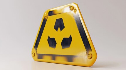 A sleek 3D warning sign with glossy yellow finish and bold cartoon-style hazard symbols, isolated on a clean white background