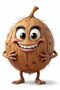 Naklejki Happy Cartoon Coconut Character 3D Render Smiling Tropical Fruit Fun Illustration