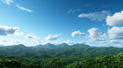 A panoramic view of a scenic mountain range under a bright blue sky during the daytime