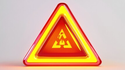 A vibrant 3D triangle warning sign with glossy finish and cartoon-style hazard symbols, glowing brightly, isolated on white