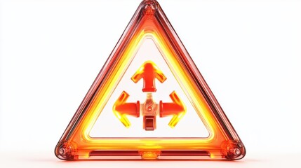 A vibrant 3D triangle warning sign with glossy finish and cartoon-style hazard symbols, glowing brightly, isolated on white