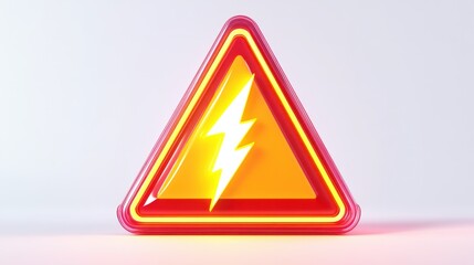 A vibrant 3D triangular warning sign with bold cartoon-style lightning bolt symbol and glossy finish, rendered on a clean white background