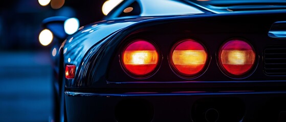 Nighttime Close-up of Classic Sports Car Taillights: Red and Orange Glowing Lights, Dark Blue and Black Car Body, Urban Night Background
